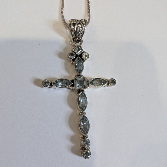 Jewelry - Brand New Silver Blue Topaz Cross Necklace For Sale